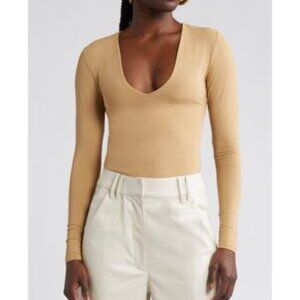Open Edit Women's Size XS Tan Double Layer Long Sleeve V Neck Bodysuit